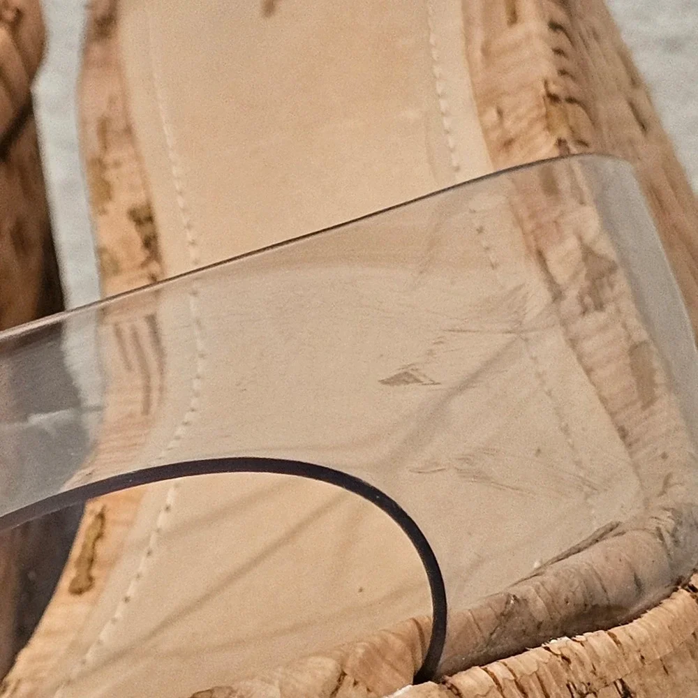 Schutz Cork Platform Wedge Sandals Clear Vinyl Strap Mules Tan Beige Size 10B‎